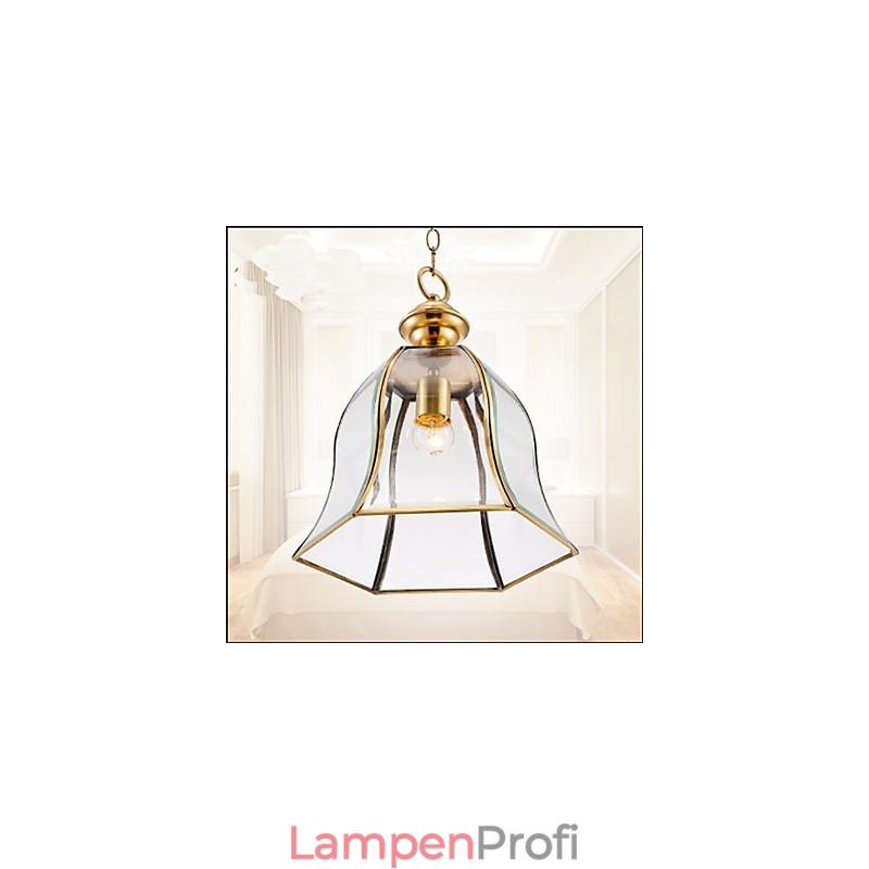 Kleine Pendelleuchte im amerikanischen Landhausstil, komplett aus Kupfer und einem Glas