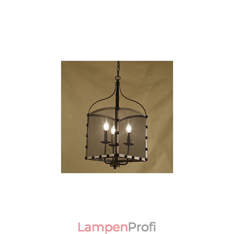 Ein Retro-Kronleuchter aus Schmiedeeisen im industriellen Windcafé-Stil mit Netzabdeckung