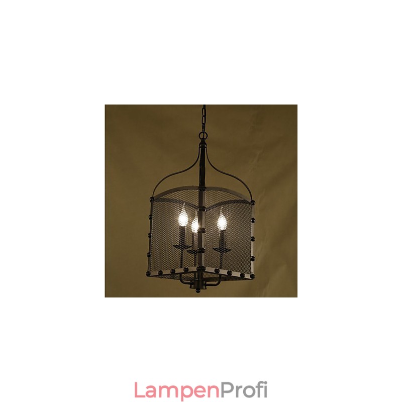 Ein Retro-Kronleuchter aus Schmiedeeisen im industriellen Windcafé-Stil mit Netzabdeckung
