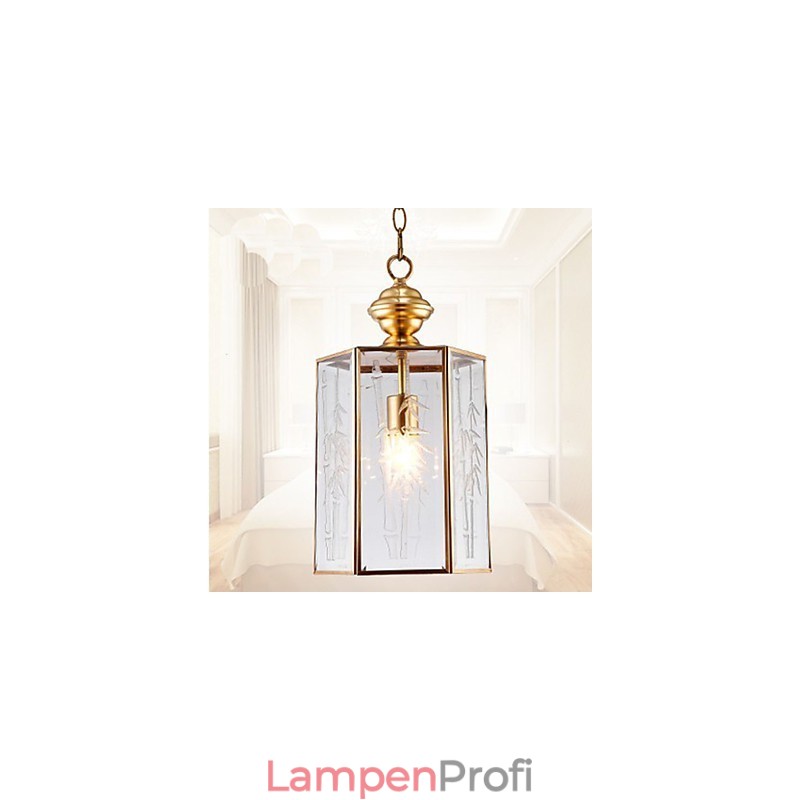 Kleine Pendelleuchte im amerikanischen Landhausstil, komplett aus Kupfer und einem Glas