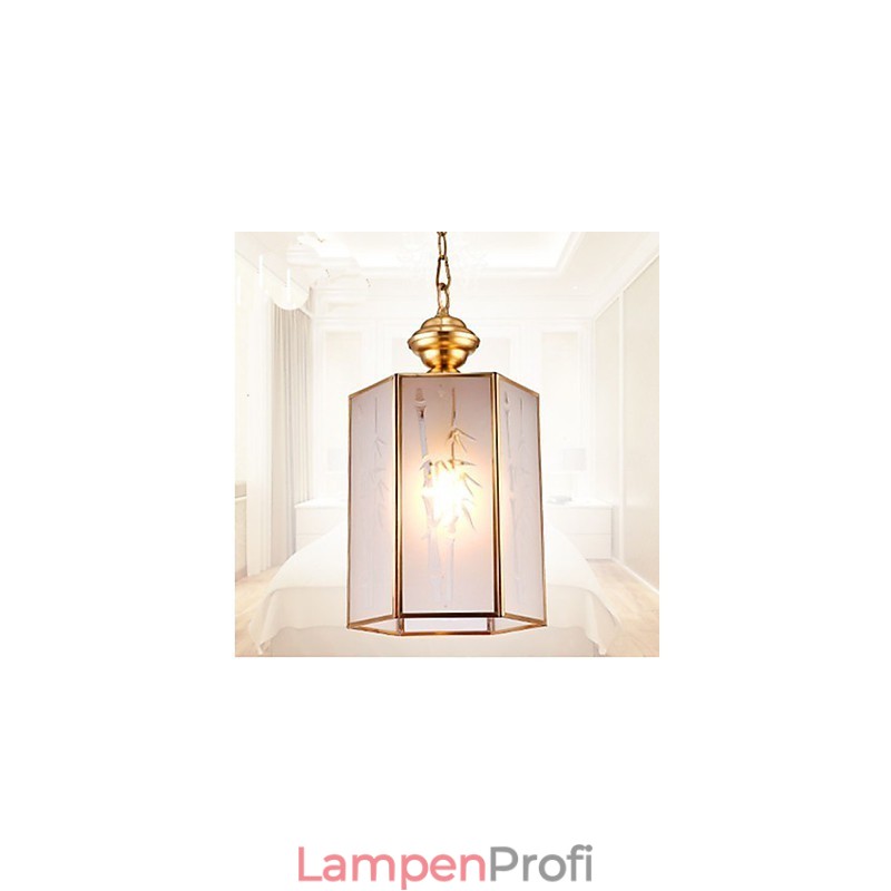 Kleine Pendelleuchte im amerikanischen Landhausstil, komplett aus Kupfer und einem Glas