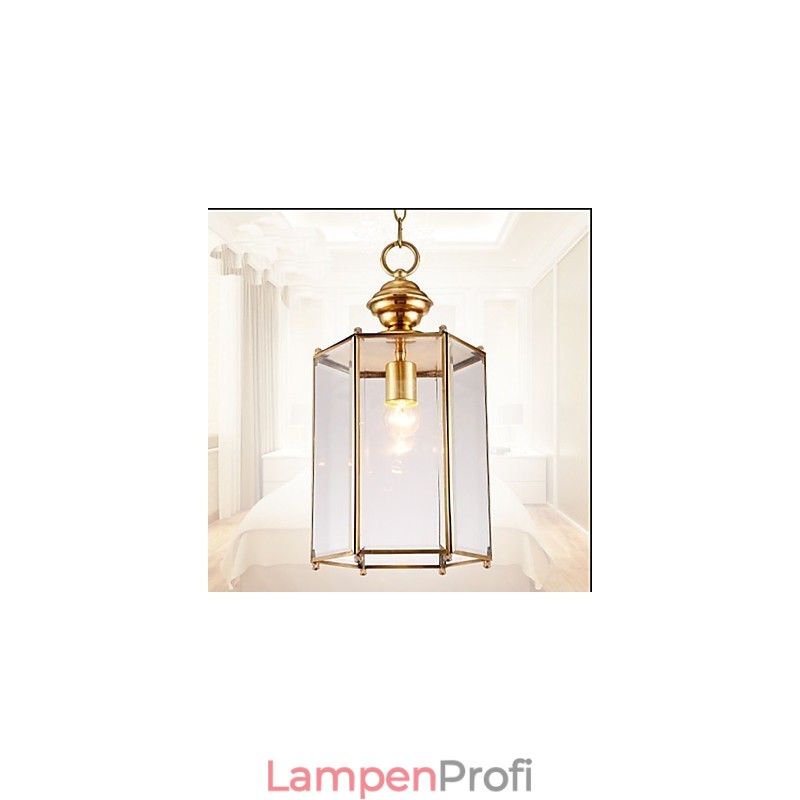 Kleine Pendelleuchte im amerikanischen Landhausstil, komplett aus Kupfer und einem Glas